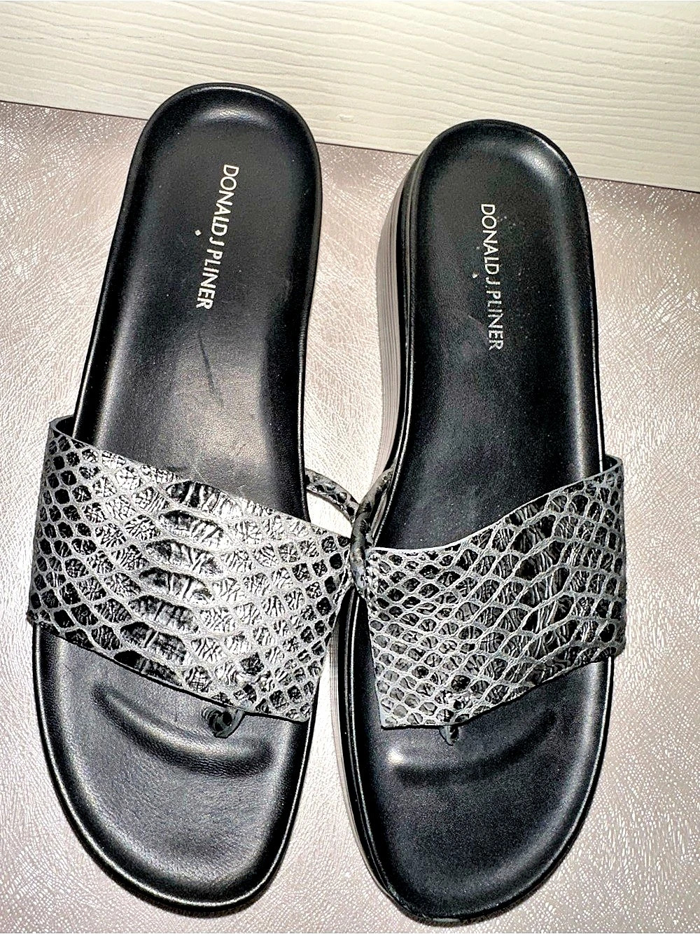 Donald J Pliner Fifi Python Print Wedge Sandal Platform Slide Sandals grey black